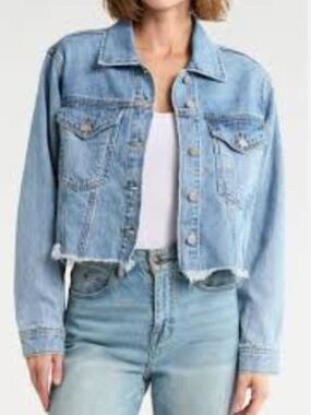 Pistola Women's Mandy Crop Denim Jacket Size L Boxy Oversized Raw Hem Distressed